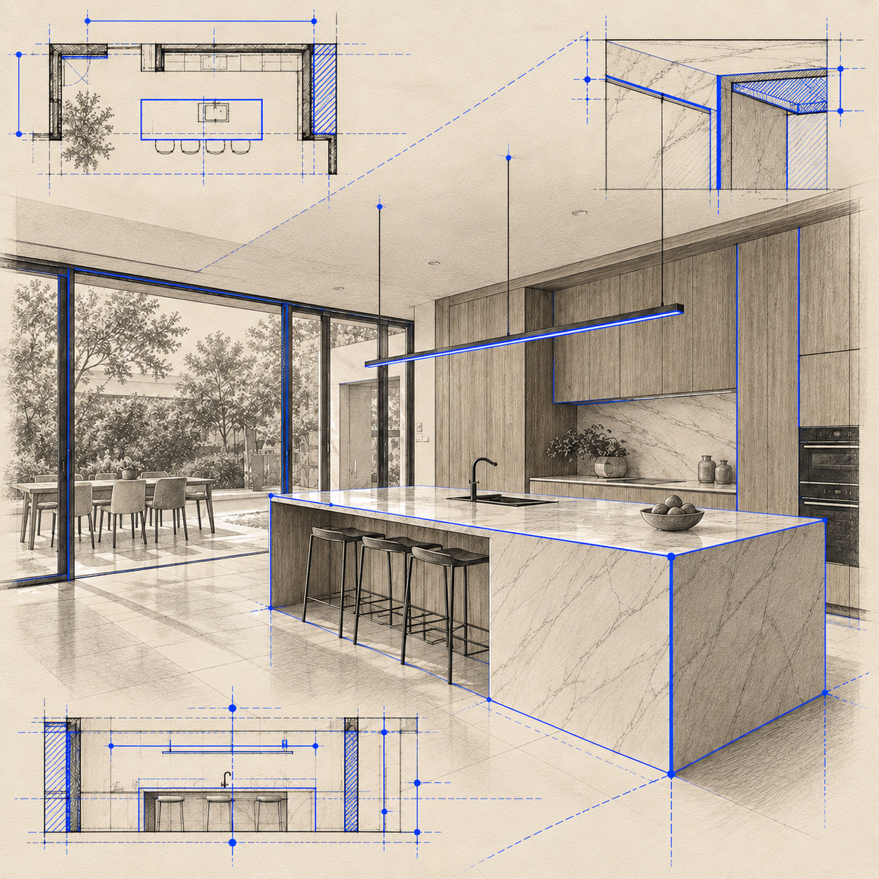 Nos conseils Croquis d'architecte d'intérieur : cuisine avec îlot en marbre et suspensions
